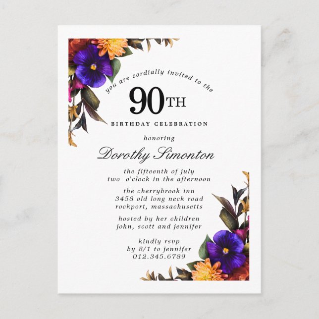 Burgundy Purple Yellow 90th Birthday Postcard (Front)