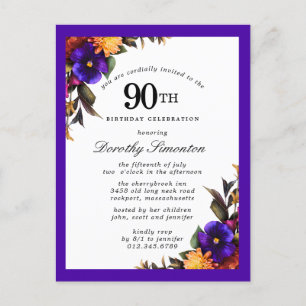 Burgundy Purple Yellow 90th Birthday Postcard