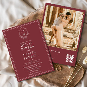 Burgundy QR Code Classic Crest Photo Wedding Invitation