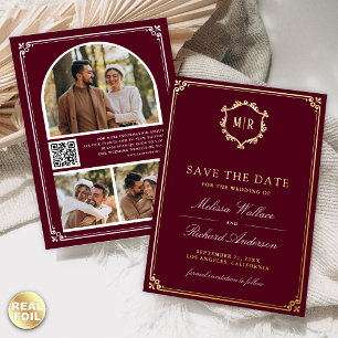 Burgundy QR Code Photo Wedding Save the Date Gold