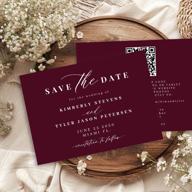Burgundy QR code simple elegant wedding  Save The Date (Creator Uploaded)