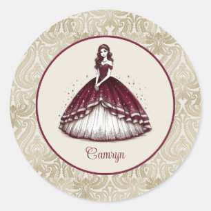Burgundy Quinceañera Dress Classic Round Sticker