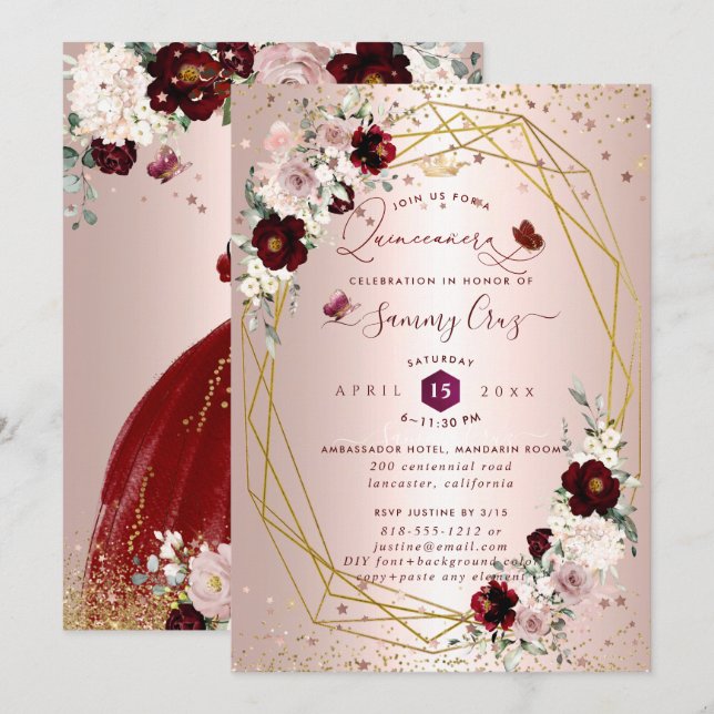 Burgundy Quinceanera H2 Flowers Dusty Rose Blush I Invitation (Front/Back)