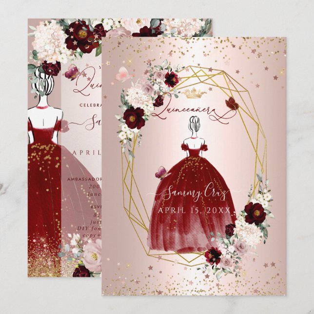 Burgundy Quinceanera H2 Flowers Dusty Rose Blush Invitation (Front/Back)