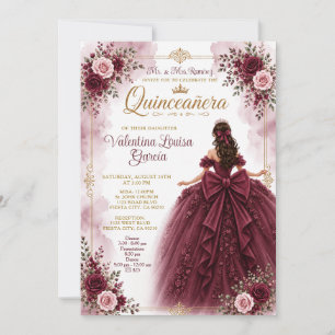 Burgundy Quinceañera Invitation Floral Ball Gown