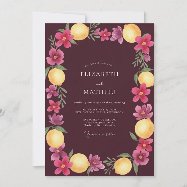 Burgundy Radiant Mediterranean Wedding Invitation (Front)