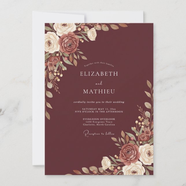 Burgundy Ranunculus Eucalyptus Wedding Invitation (Front)