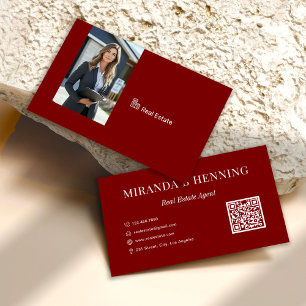 Burgundy Real Estate Agent Photo QR Code Business Card