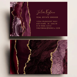 Burgundy Red Agate Geode Gold Glitter Real Estate Business Card