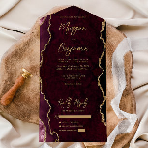 Burgundy Red Agate Gold Script Wedding All In One Invitation