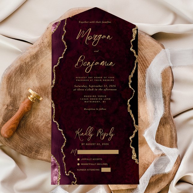 Burgundy Red Agate Gold Script Wedding All In One Invitation (Creator Uploaded)