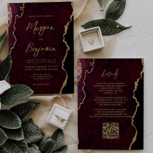 Burgundy Red Agate Script QR Code Wedding Invitation