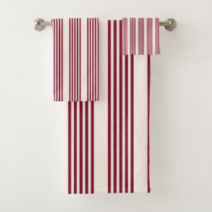 Burgundy red and beige five stripe pattern bath towel set