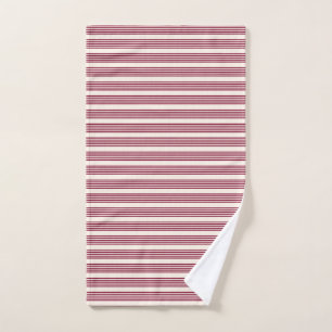 Burgundy red and beige five stripe pattern hand towel