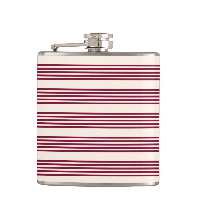 Burgundy red and beige five stripe pattern hip flask (Front)