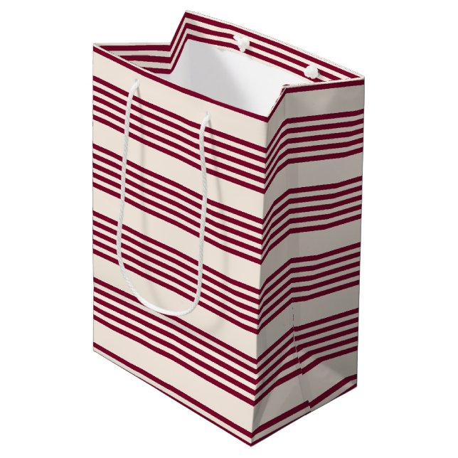 Burgundy red and beige five stripe pattern medium gift bag (Front Angled)