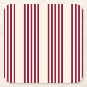 Burgundy red and beige five stripe pattern square paper coaster