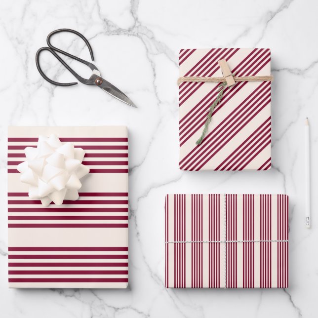 Burgundy red and beige five stripe pattern wrapping paper sheet (Front)