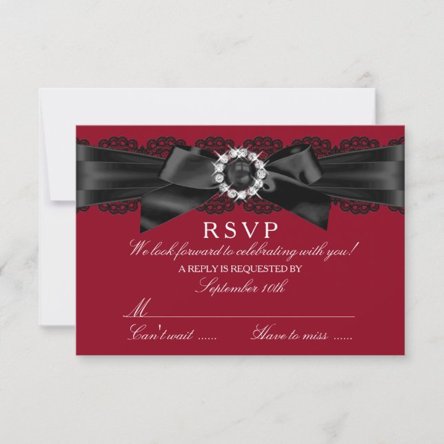 Burgundy Red and Black Lace & Pearl Bow RSVP Card (Front)