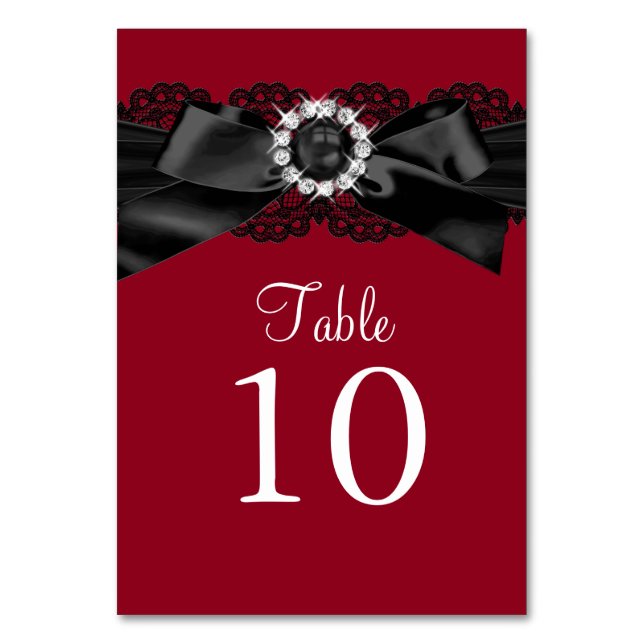 Burgundy Red and Black Pearl Bow Table Number Card (Front)