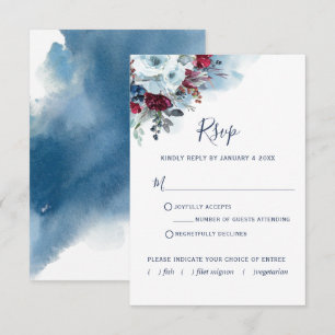 Burgundy Red and Blue Floral and Watercolor RSVP Card