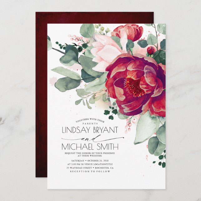 Burgundy Red and Blush Floral Elegant Boho Wedding Invitation (Front/Back)