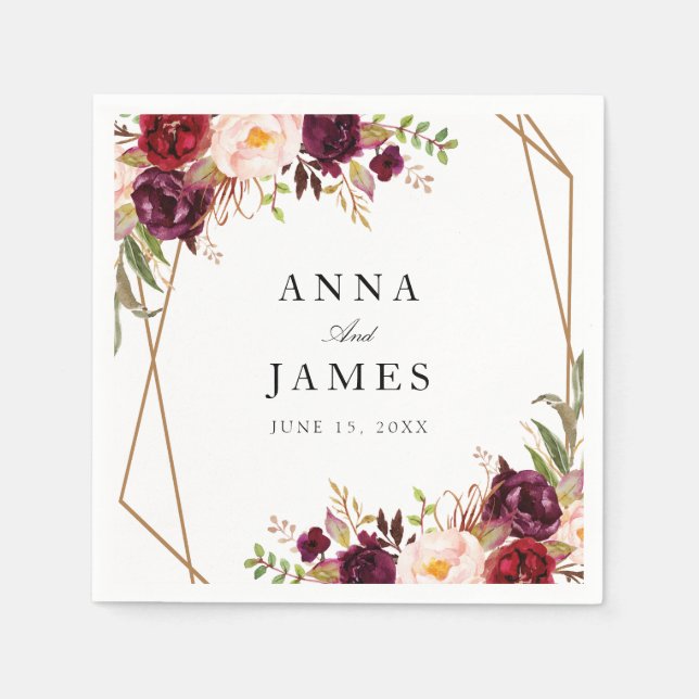 burgundy red and blush floral geometric napkin (Front)