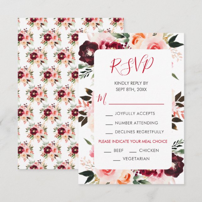Burgundy Red and Blush Pink Floral Wedding RSVP Card (Front/Back)