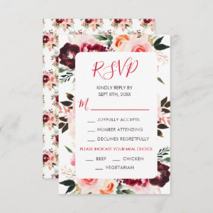 Burgundy Red and Blush Pink Floral Wedding RSVP Card