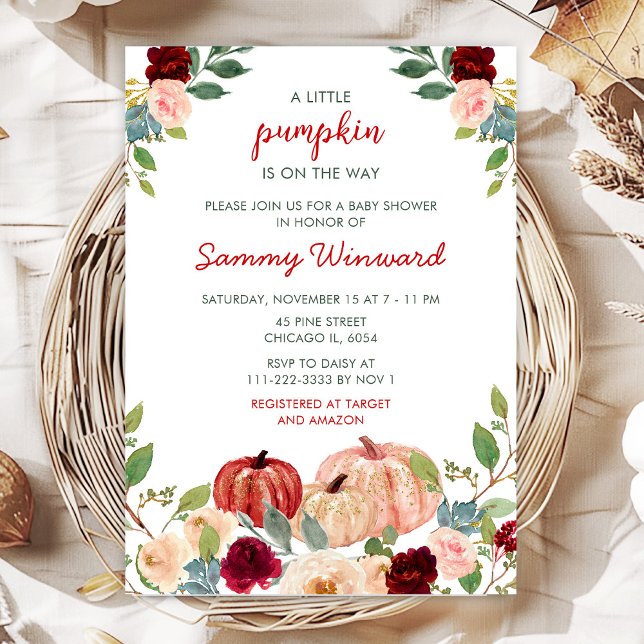 Burgundy Red and Blush Pumpkins Baby Shower Invitation (Creator Uploaded)