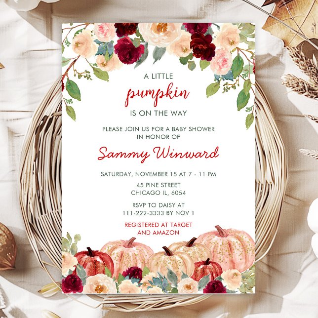 Burgundy Red and Blush Pumpkins Baby Shower Invitation (Creator Uploaded)