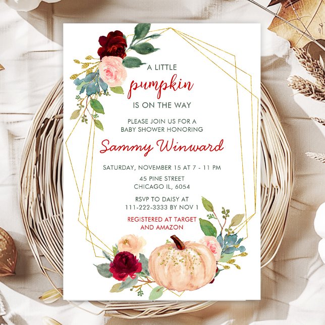 Burgundy Red and Blush Pumpkins Baby Shower Invitation (Creator Uploaded)