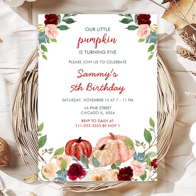 Burgundy Red and Blush Pumpkins Birthday Party Invitation (Creator Uploaded)