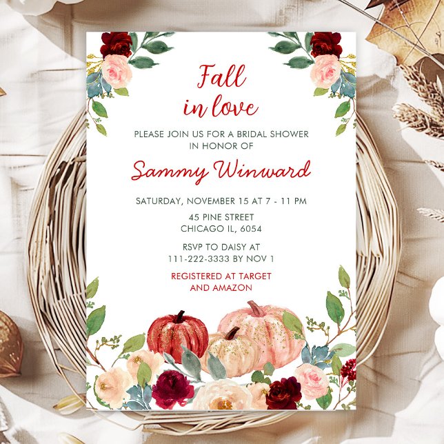 Burgundy Red and Blush Pumpkins Bridal Shower Invitation (Creator Uploaded)