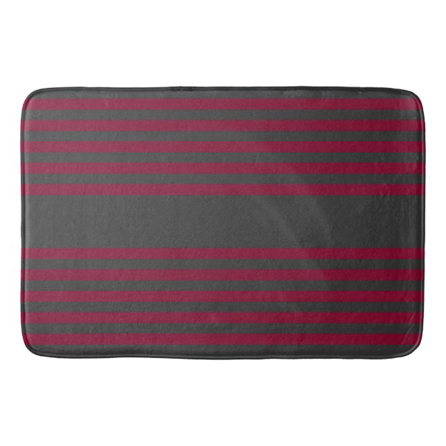 Burgundy red and charcoal five stripe pattern bath mat (Front)