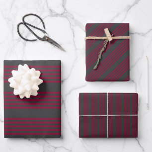 Burgundy red and charcoal five stripe pattern wrapping paper sheet