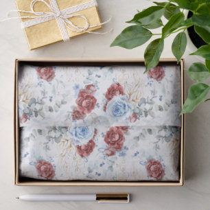 Burgundy Red and Dusty Blue Botanical Floral Chic Tissue Paper