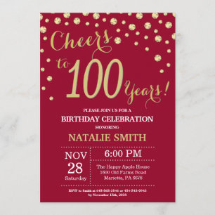 Burgundy Red and Gold 100th Birthday Diamond Invitation