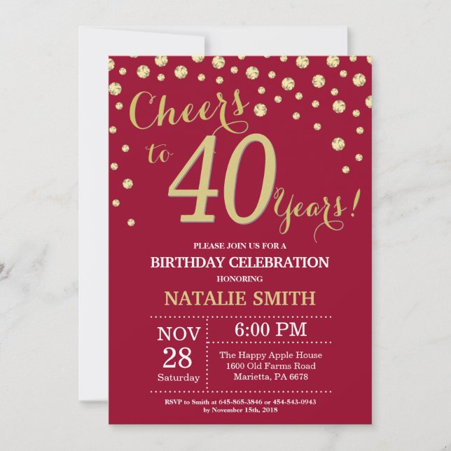 Burgundy Red and Gold 40th Birthday Diamond Invitation (Front)