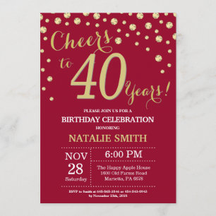 Burgundy Red and Gold 40th Birthday Diamond Invitation