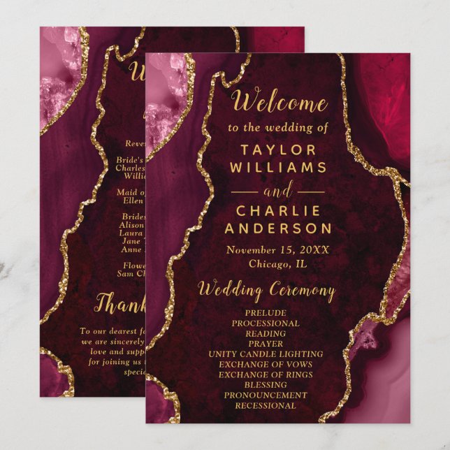 Burgundy Red and Gold Agate Wedding Program Programme (Front/Back)