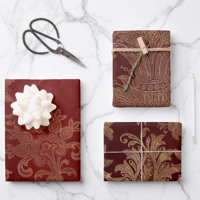 Burgundy Red and Gold Damask Wrapping Paper Sheet (Front)