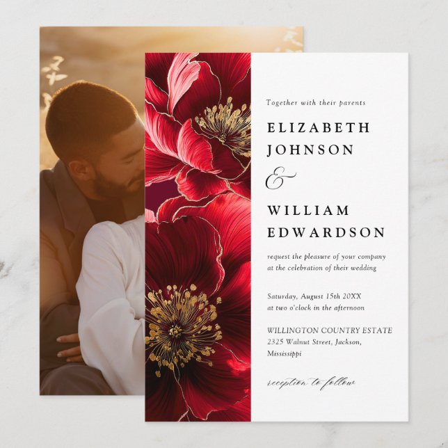 Burgundy Red And Gold Elegant Floral Photo Wedding Invitation (Front/Back)
