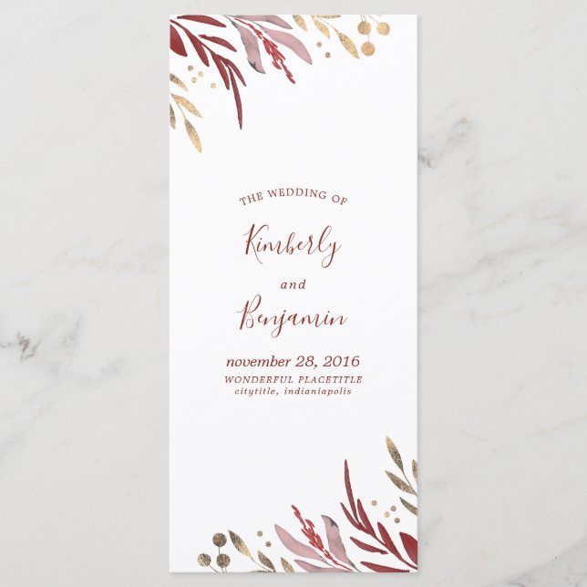 Burgundy Red and Gold Elegant Wedding Programs Programme (Front)