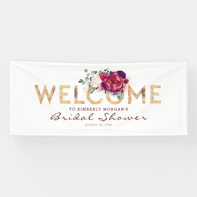 Burgundy Red and Gold Fall Bridal Shower Banner (Horizontal)