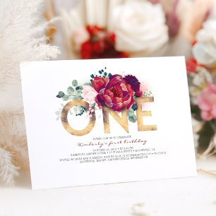 Burgundy Red and Gold Floral 1st Birthday Invitation