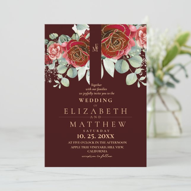 Burgundy Red and Gold Floral Modern Boho Wedding Invitation (Standing Front)
