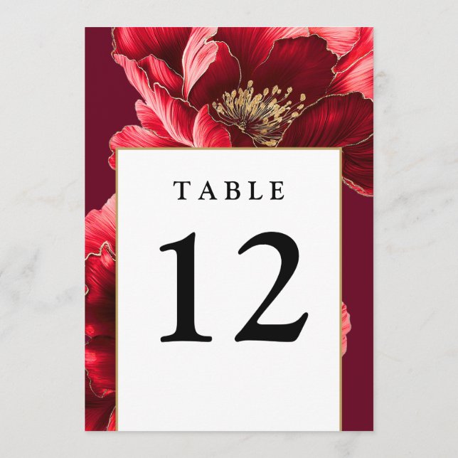 Burgundy Red And Gold Floral Modern Table Numbers (Back)