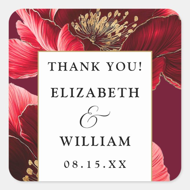 Burgundy Red And Gold Floral Thank You Favour Square Sticker (Front)