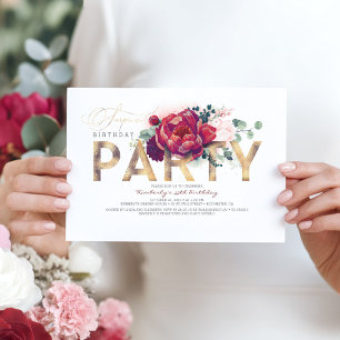 Burgundy Red and Gold Floral Type Surprise Party Invitation